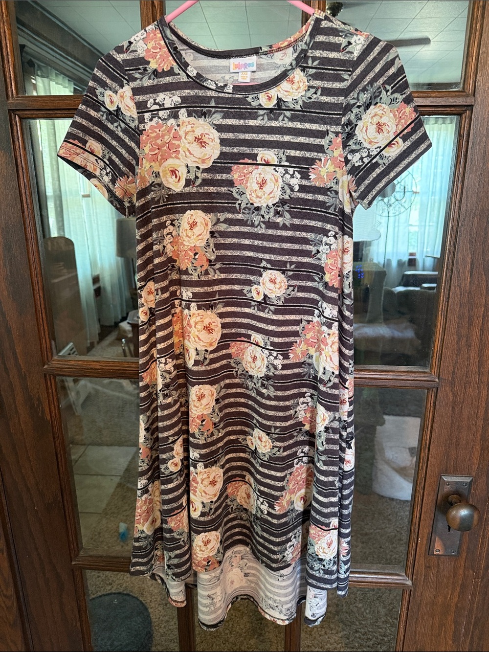 LuLaRoe‎ Carly Dress XXS Black White Striped Floral High Low Swing Short Sleeve